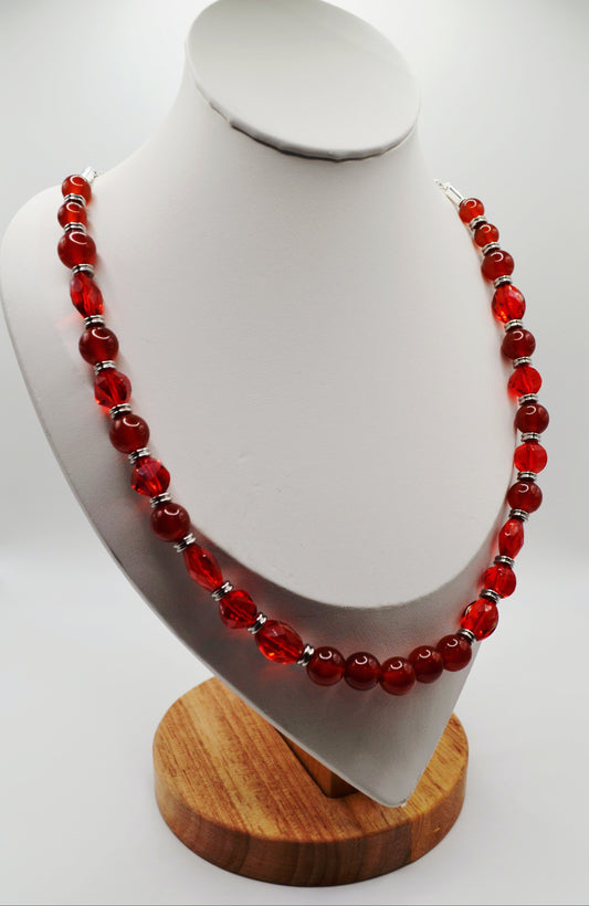 Red agate beaded necklace silver edition