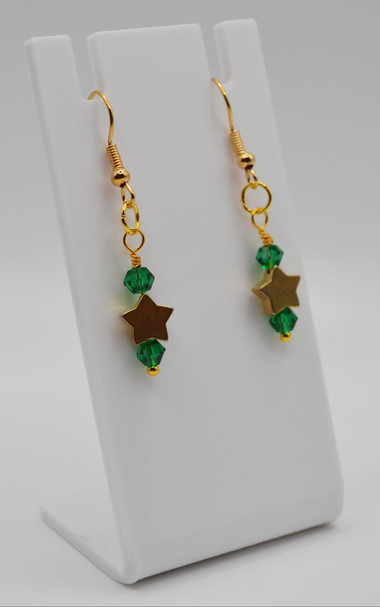 Emerald green gold star earrings