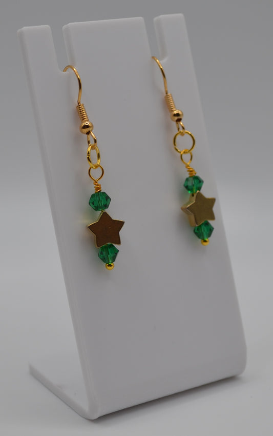 Emerald green gold star earrings