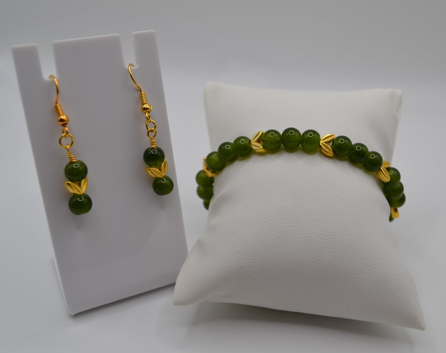 Olive green and gold leaf earrings