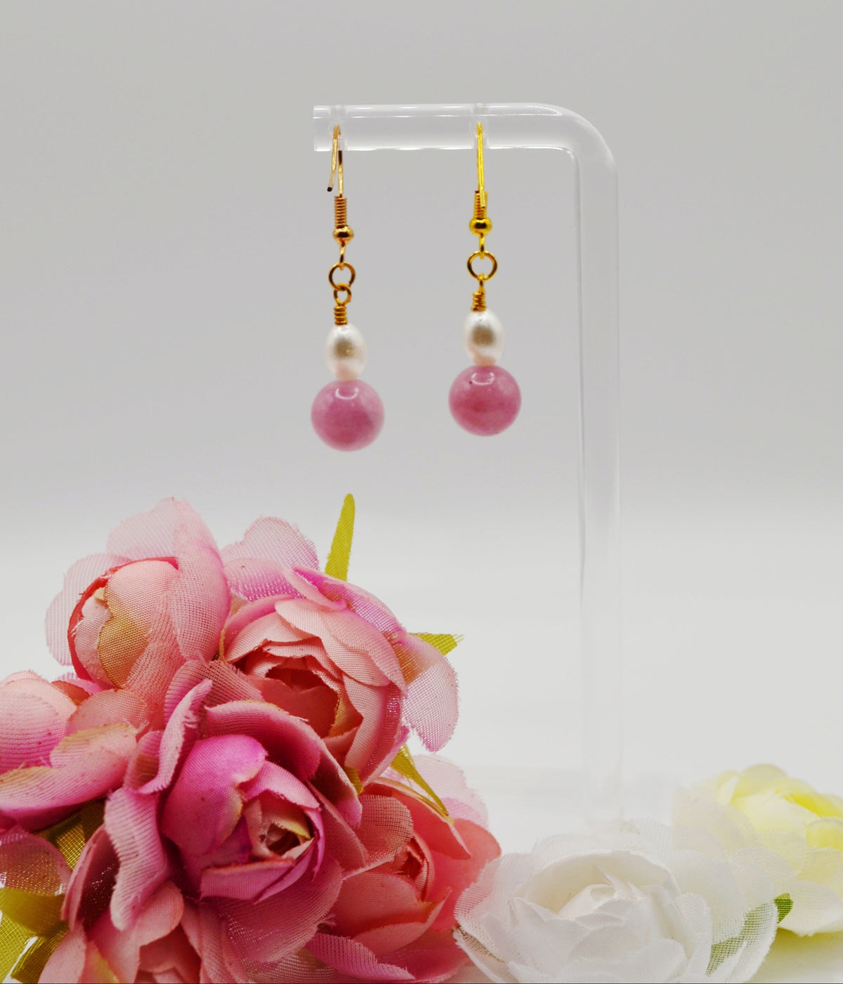 Rose pink and pearl earrings