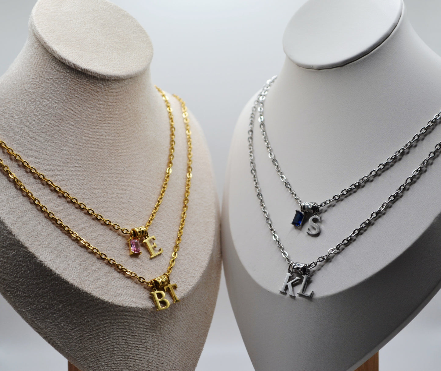 Birthstone and letter charm necklaces