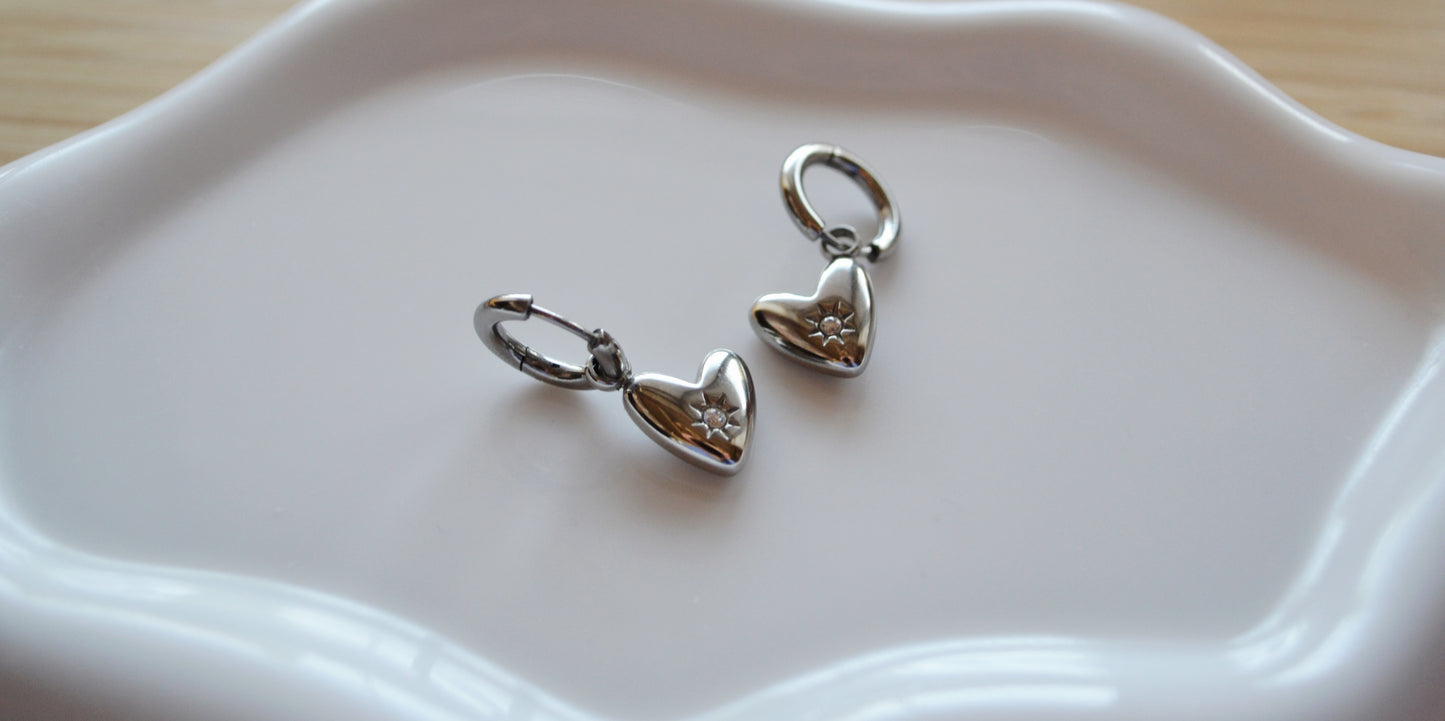 Zircon stone silver heart hoop earrings