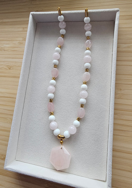 Rose quartz hexagon necklace