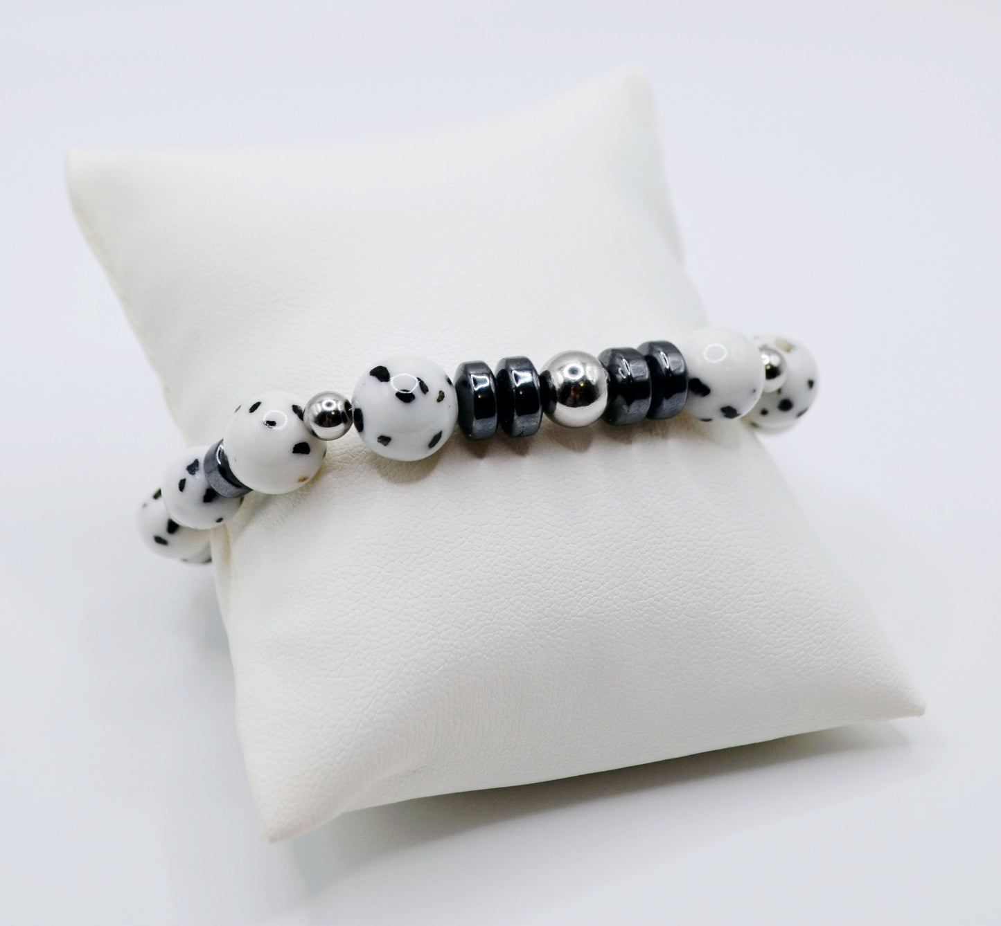 Dalmatian rondelle and silver bracelet