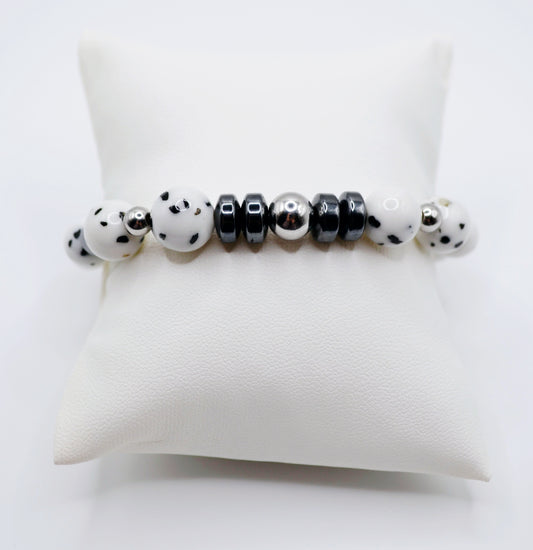 Dalmatian rondelle and silver bracelet