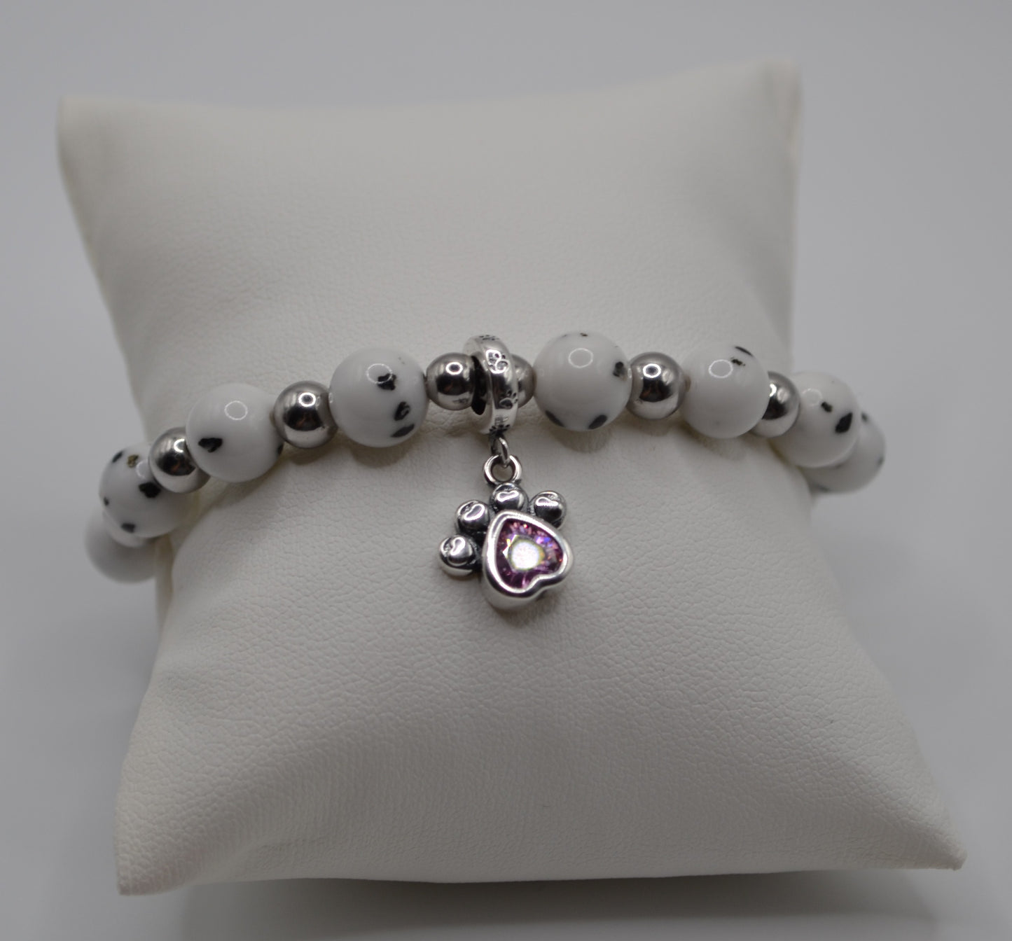 Dalmatian bracelet with pink paw charm