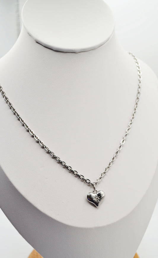 Zircon stone silver heart pendant necklace