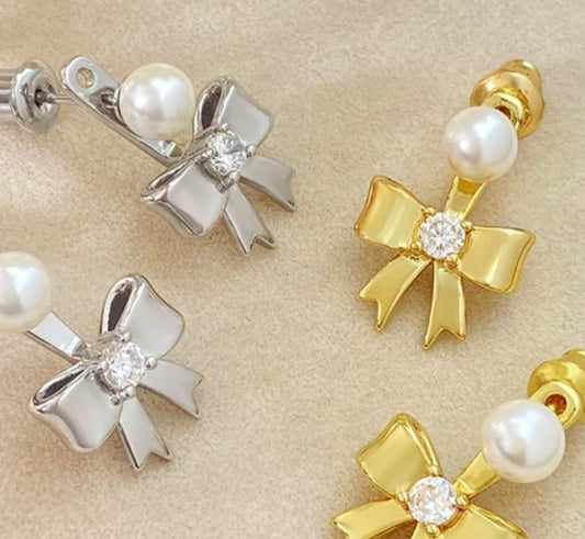 Pearl bow dangle stud earrings