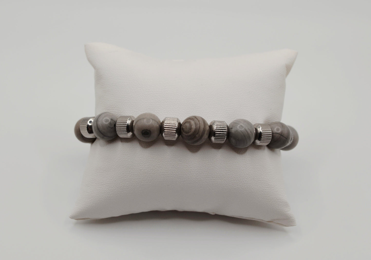 Grey jasper and silver mens bracelet