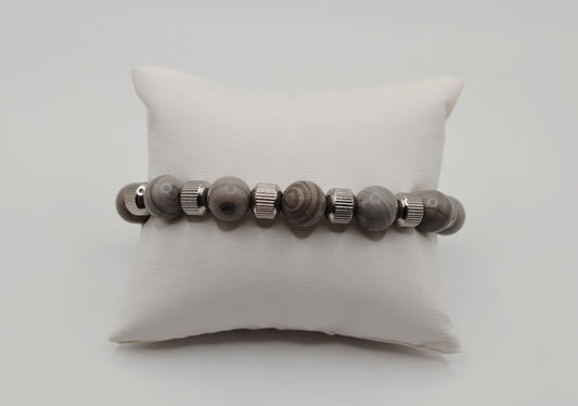Grey jasper and silver mens bracelet