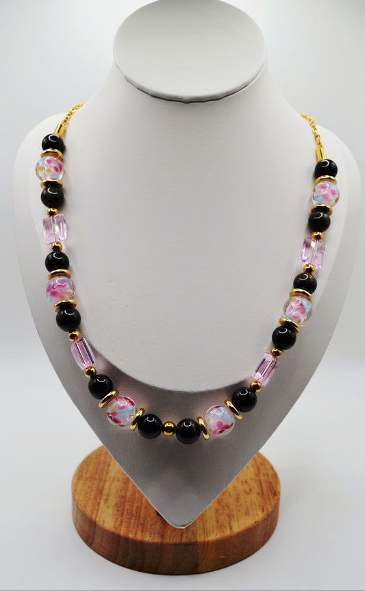 Black and pink floral necklace