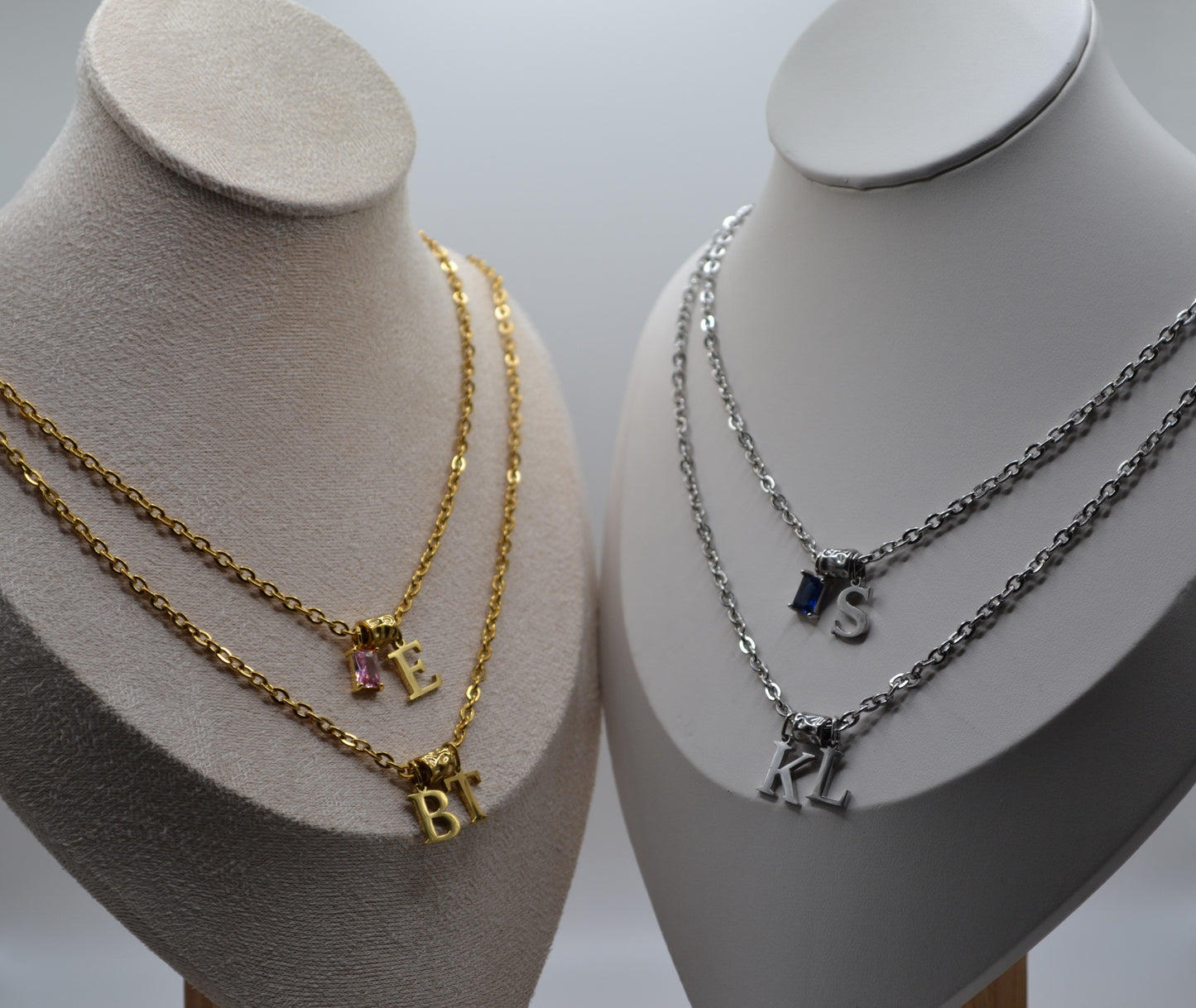 Birthstone and letter charm necklaces