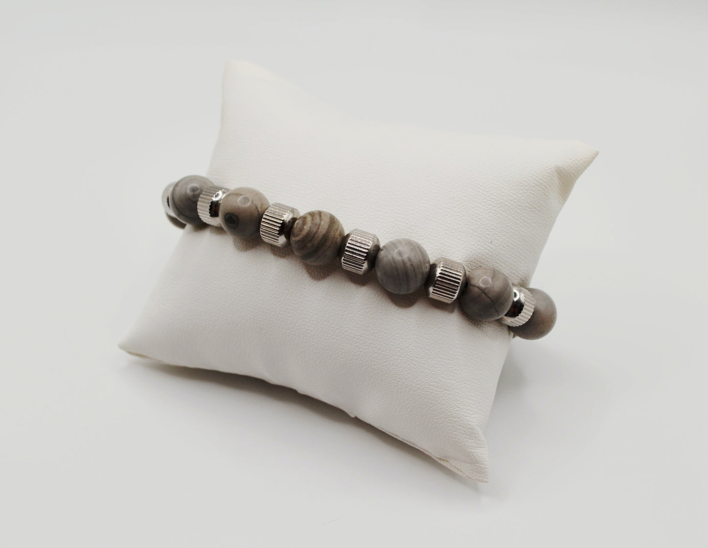 Grey jasper and silver mens bracelet