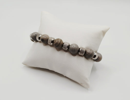 Grey jasper and silver mens bracelet