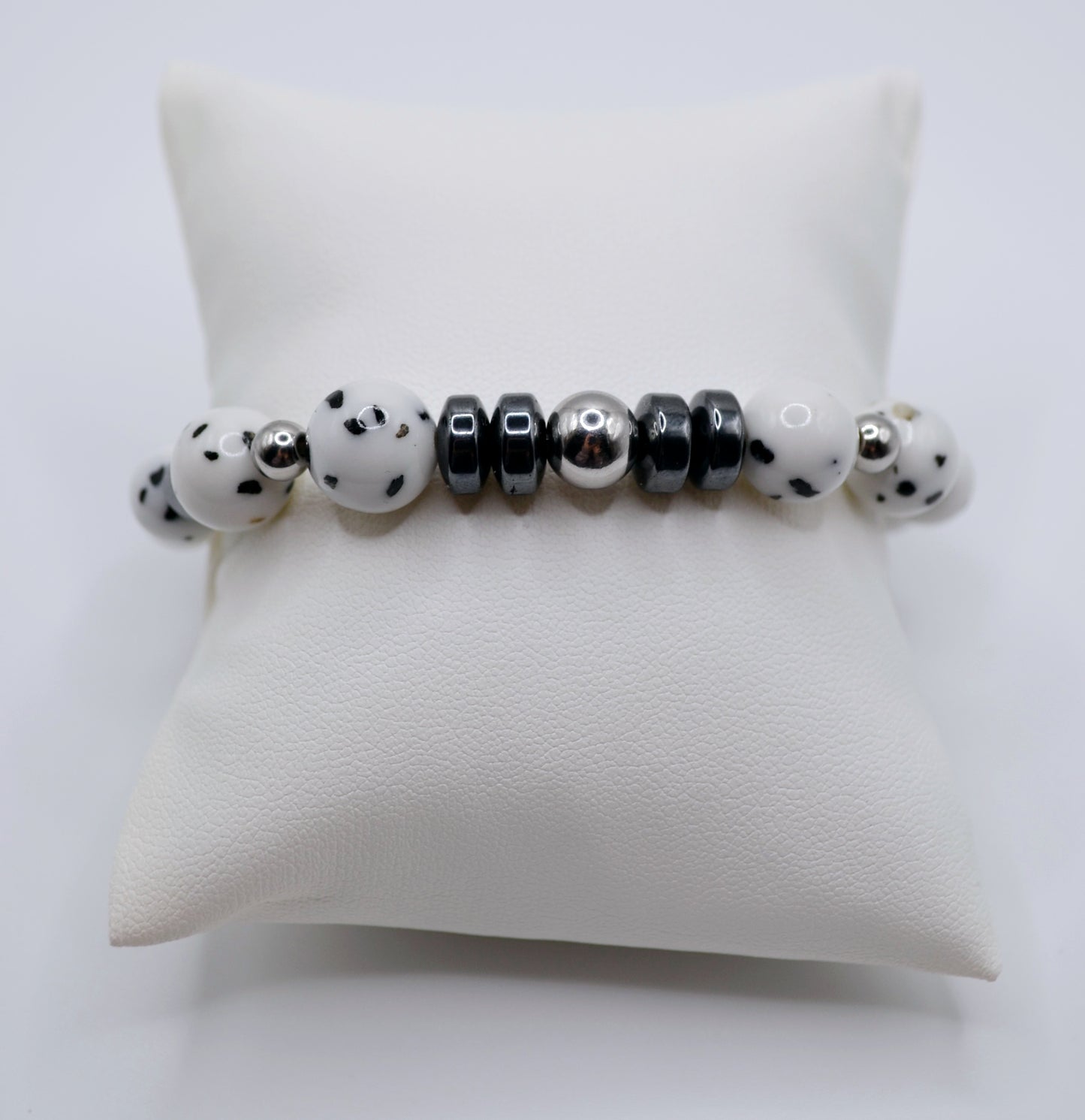 Dalmatian rondelle and silver bracelet
