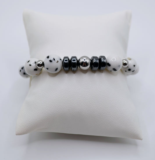 Dalmatian rondelle and silver bracelet