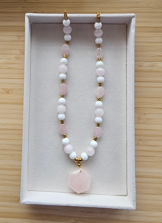 Rose quartz hexagon necklace