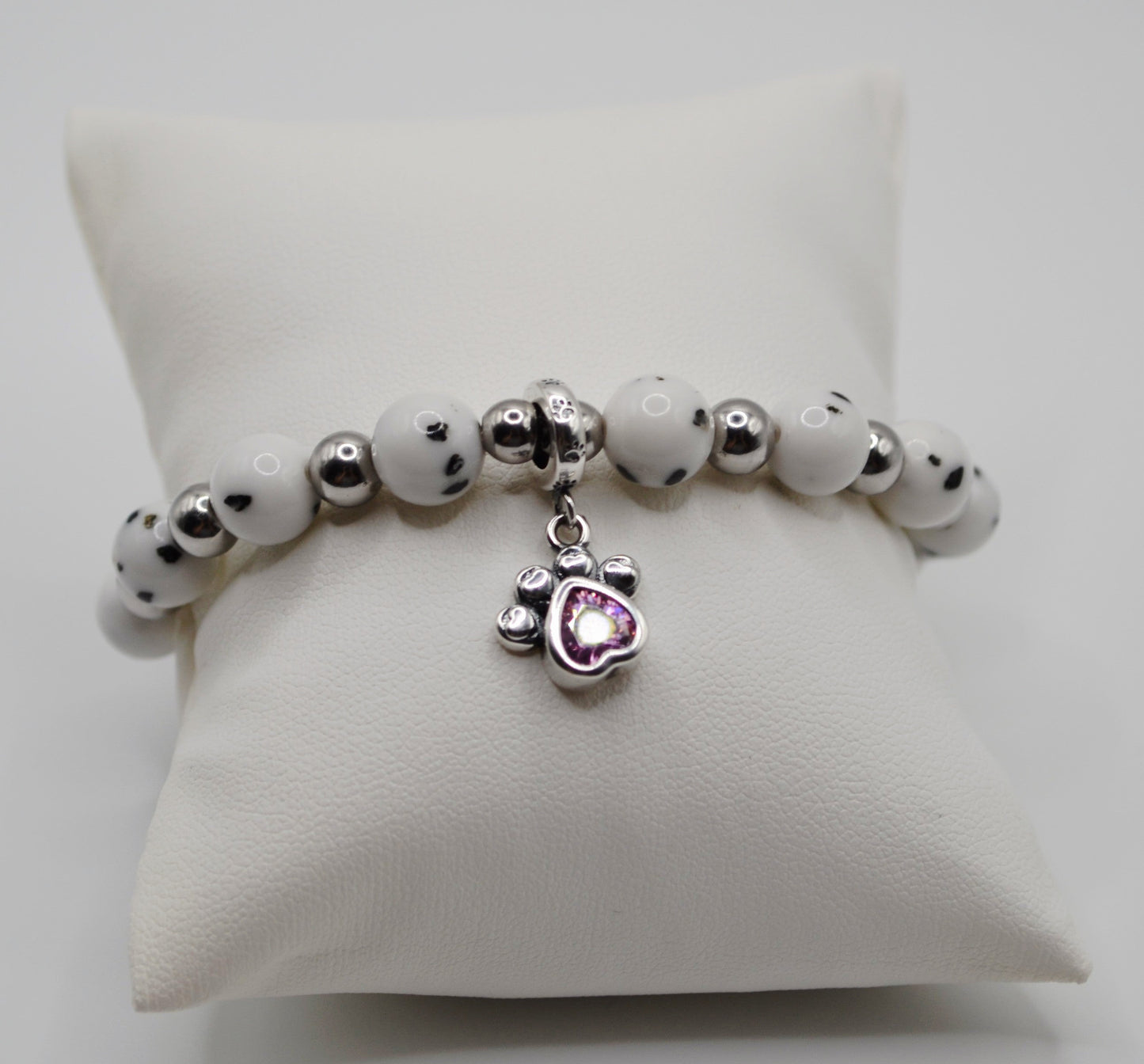 Dalmatian bracelet with pink paw charm