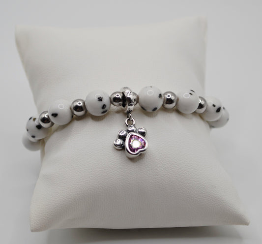 Dalmatian bracelet with pink paw charm