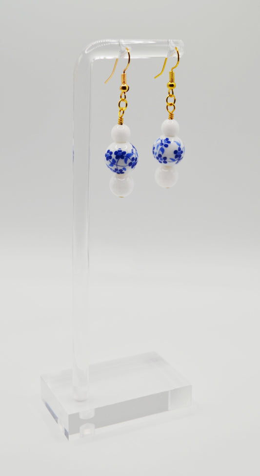 Blue and white floral earrings