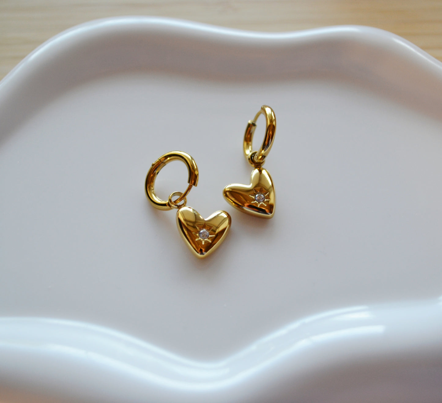 Zircon stone gold heart hoop earrings