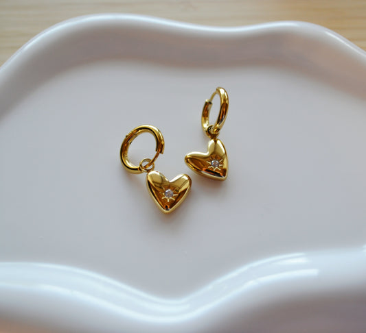 Zircon stone gold heart hoop earrings