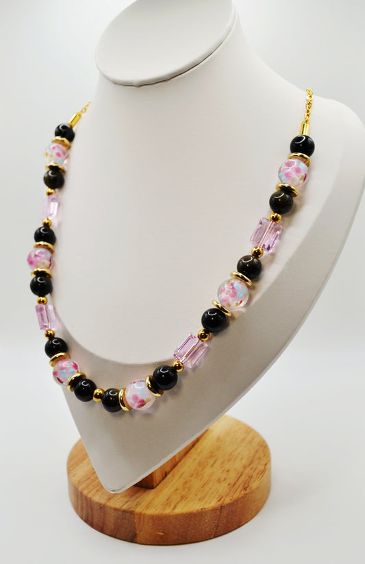 Black and pink floral necklace