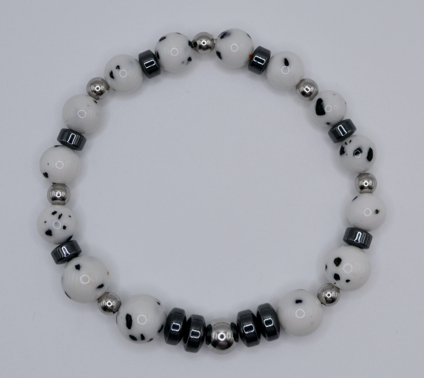 Dalmatian rondelle and silver bracelet